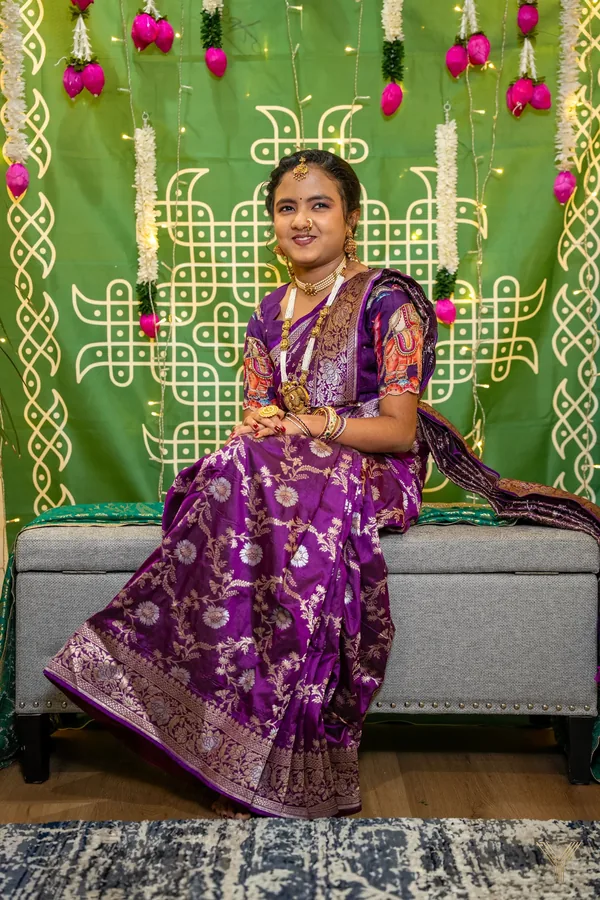 Half-saree ceremony portrait in purple